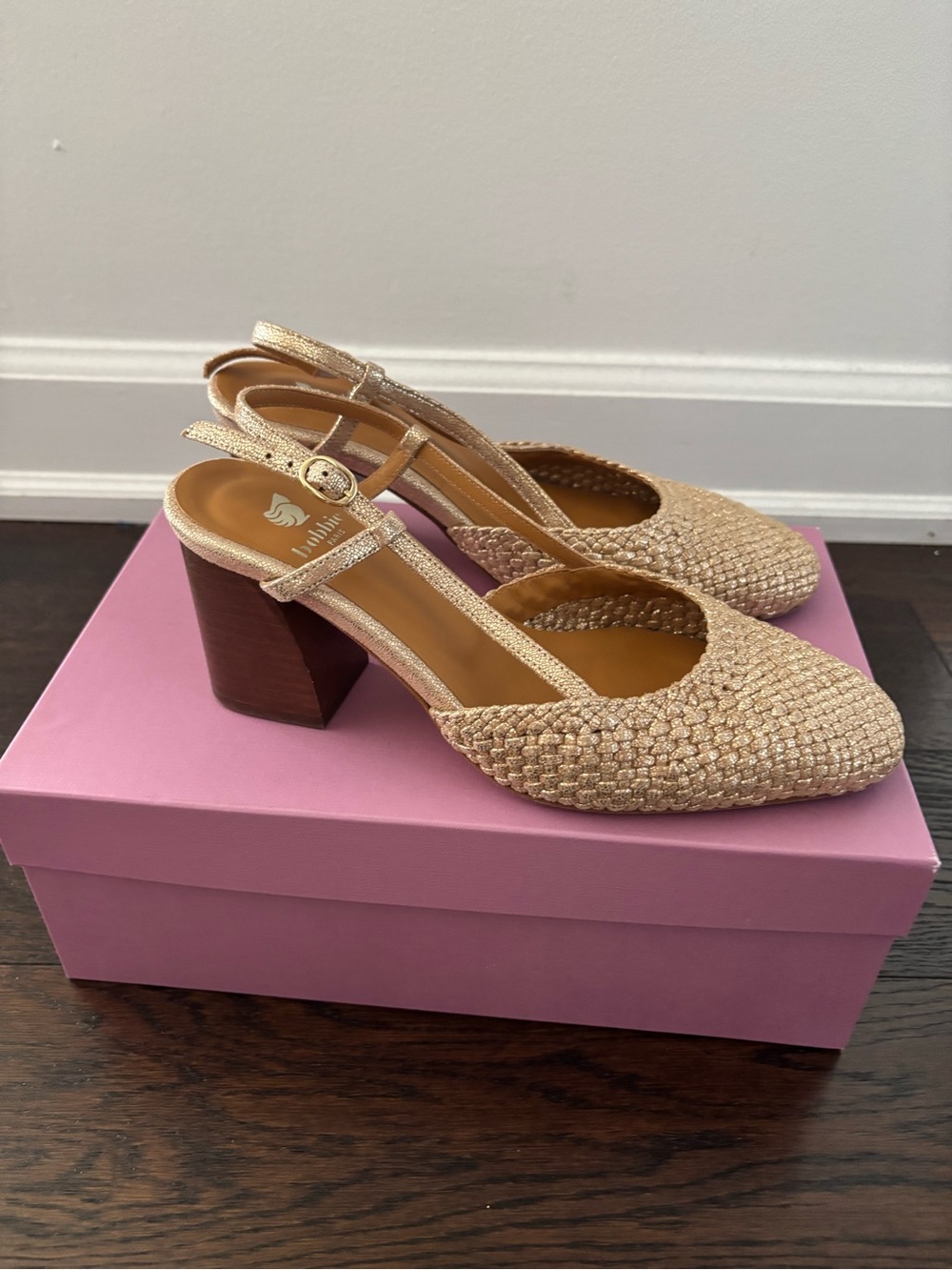 Woven Gold Slingback Block Heel Pumps